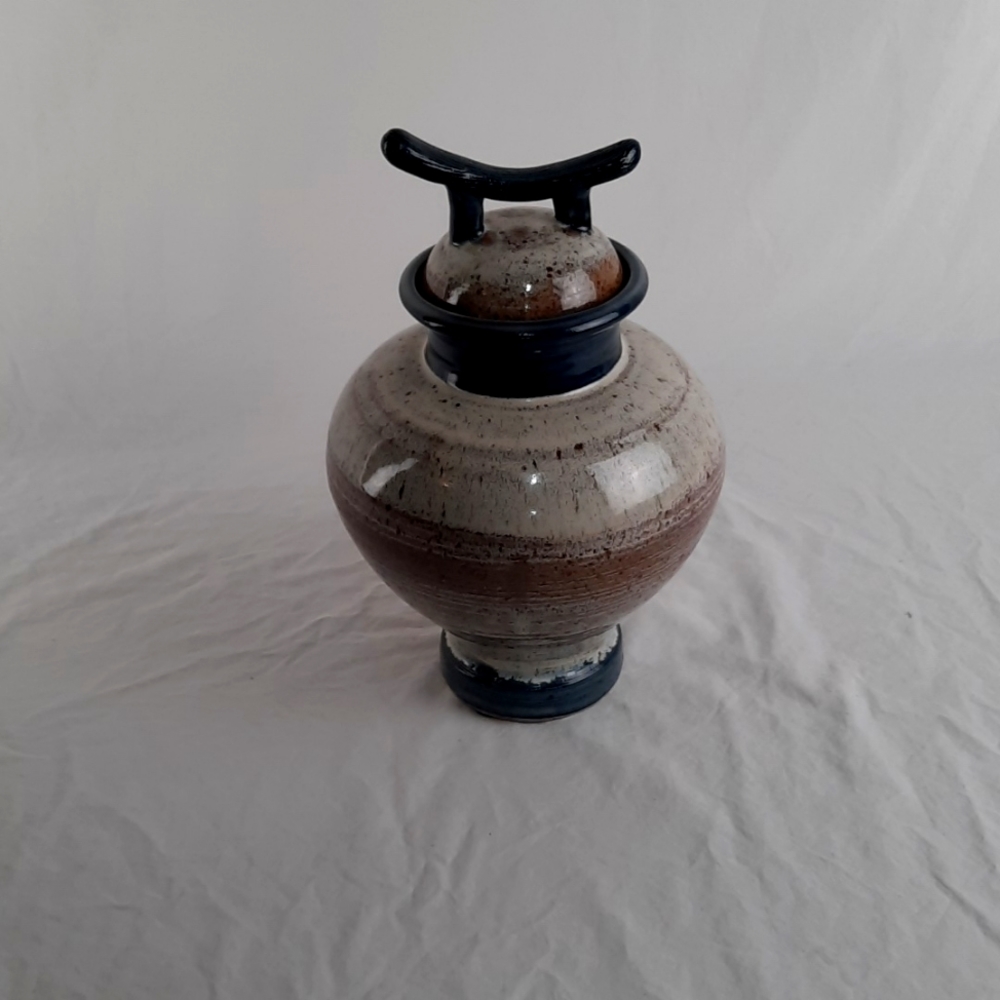 Signed Lidded Urn with Handle -11"